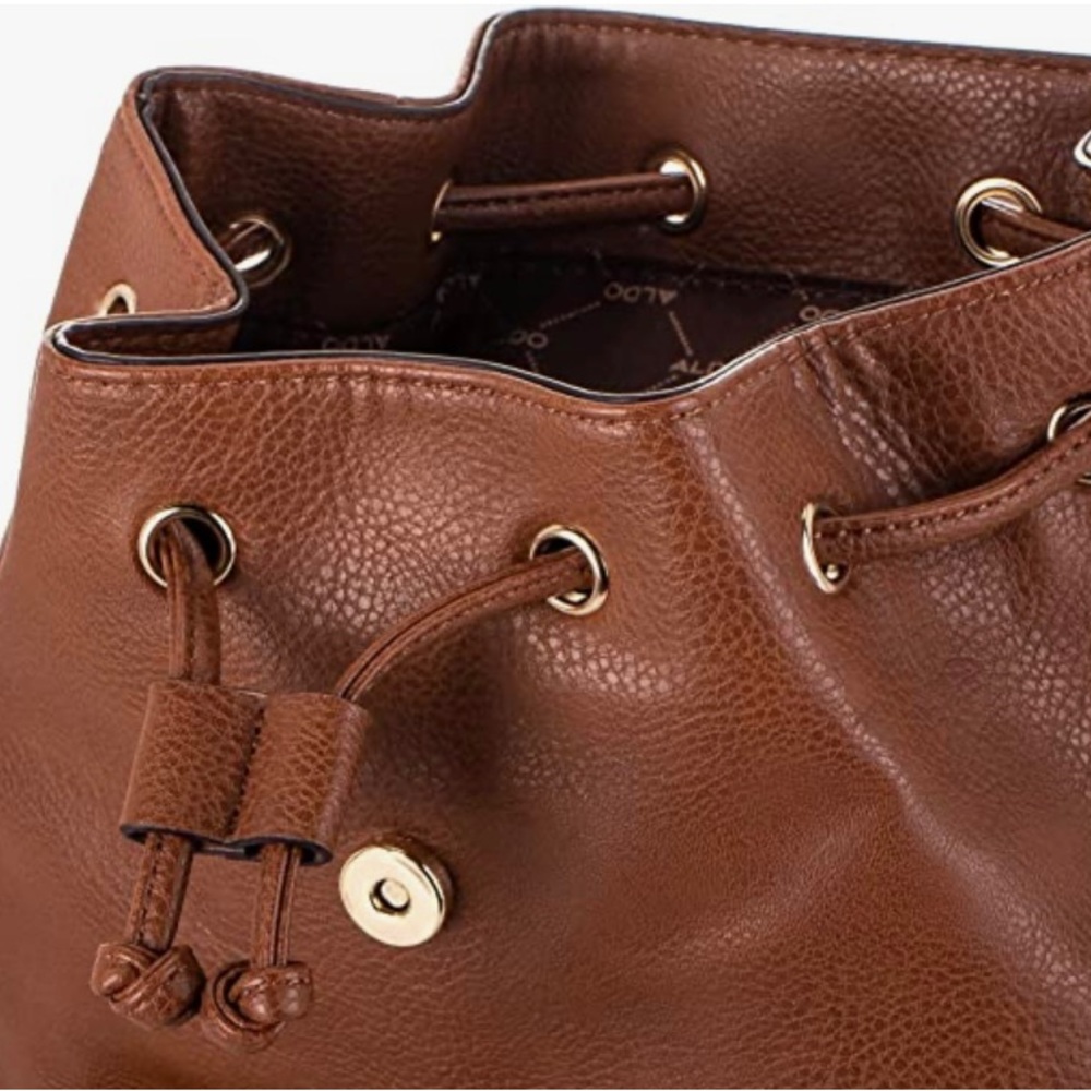 ALDO Drawstring Brown Backpack Adjustable Straps Snap Flap Closure - Picture 3 of 16